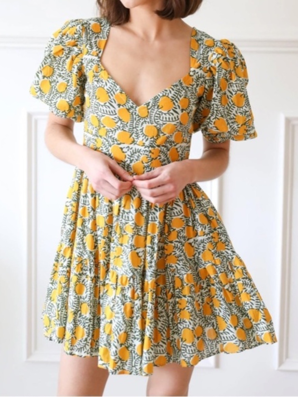 Mille Aneli Dress Citrus Lemon Mini Dress, Yellow Cotton, Preppy, Size Large